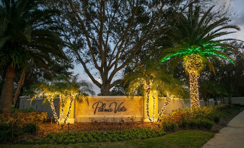 Community entrance lit with Christmas lights on palm trees